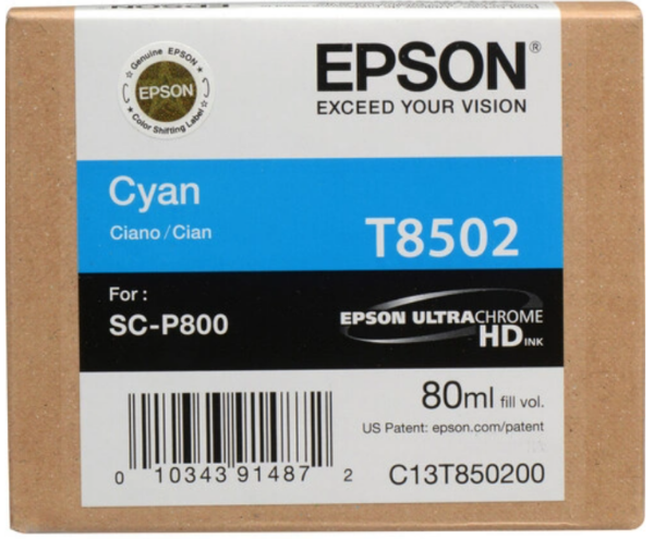 Epson T850 UltraChrome HD 80ml Cyan Ink Cartridge for SureColor P800 - T850200