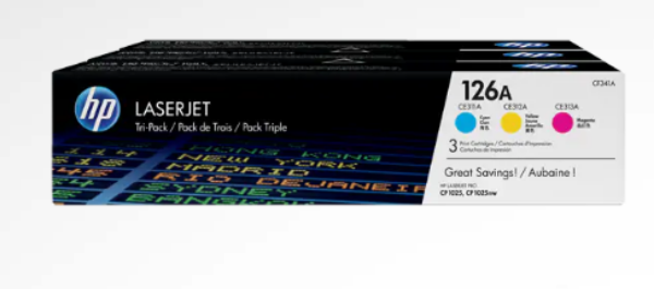 HP 126A 3-pack Cyan/Magenta/Yellow Original LaserJet Toner Cartridges - CF341A