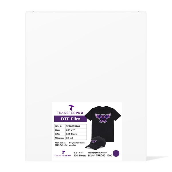 TRANSFERPRO DTF, Direct to Film, Hot Peel/Cold Peel 8.5"x11" 200pk 