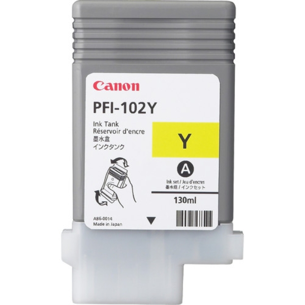 Canon PFI-102Y Yellow Ink Tank (130ml) for iPF500, iPF510, iPF600, iPF605, iPF610, iPF650, iPF655, iPF700, iPF710, iPF750, iPF755, iPF760, iPF765 - 0898B001AA	